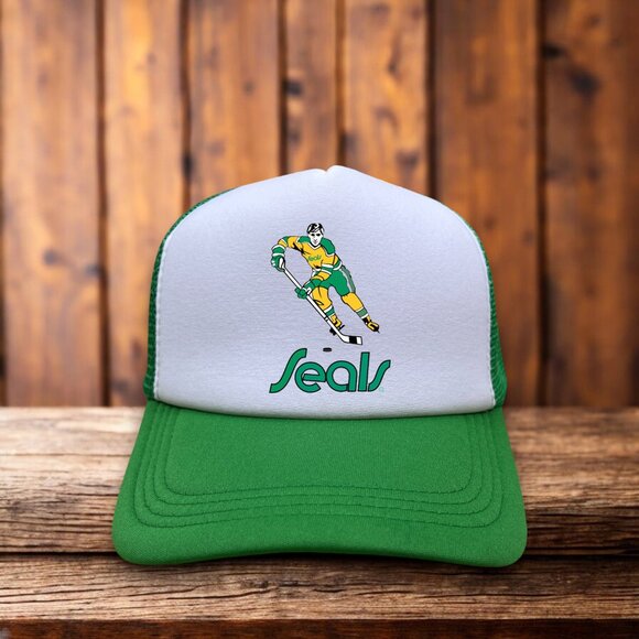 Defunct California Golden Seals Mens Trucker Hat 80s Logo Retro Hockey Ball Cap - Picture 1 of 4